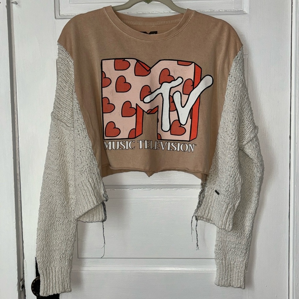 MTV Upcycled Tan and Cream Long Sleeve Sweater Tee